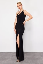 Trendyol Black Strap Detailed Knitted Long Elegant Evening Dress