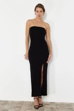 Trendyol Black Body-Fitting Lined Knitted Ribbed Long Evening Dress