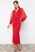 Trendyol Red Tulle Sleeve Detail Woven Long Evening Dress
