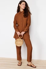 Trendyol Brown Sleeve Gathered Aerobin Shirt Trousers Woven Bottom Top Suit