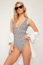 Trendyol Black and White Striped V Neck Compression Regular Swimsuit