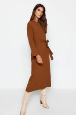 Trendyol Brown Belted Rib Knitwear Dress