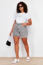 Trendyol Curve Gray Pocket and Leg Tassel Detail Mini Denim Shorts