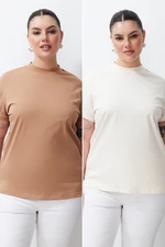 Trendyol Curve Beige-Mink 2-Pack 100% Cotton Basic High Neck Knitted T-Shirt