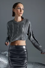 Trendyol Anthracite Super Crop Hair Braided Foil Printed Knitwear Sweater