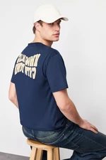 Trendyol Navy Blue Relaxed/Comfortable Fit Raised Text Printed Back 100% Cotton T-shirt