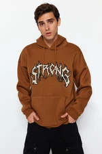 Trendyol Light Brown Oversize/Wide-Cut Fleece Embroidered Text Sweatshirt