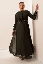 By Saygı Lined Long Chiffon Dress with Floral Detailed Waist Wide Sizes Dark Indigo.