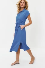 Trendyol Dark Blue Gathered Waist Pocket Detailed Aerobin Midi Woven Dress