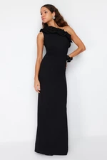 Trendyol Black Lined Woven Flounces Long Evening Dress