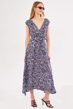 armonika Women's Purple Efta Dress Back And Front Double Double Breasted Belted Patterned Midi Length