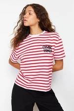 Trendyol Navy Blue Striped Slogan Embroidery Detail Relaxed Knitted T-Shirt