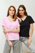 Trendyol Black-Pink Pack 100% Cotton V-Neck Knitted T-Shirt