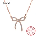 Real 925 Sterling Silver Zircon Bowknot Chain Choker Necklace For Women Classic Fine Jewelry Minimalist Geometric Bijoux