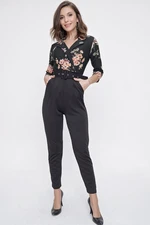 By Saygı Collar, Double Breasted Rose Patterned Belted Half Sleeves, Pockets Knitted Crepe Jumpsuit Black.