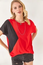 Olalook Women's Red Color Block Bat Knit Viscose Blouse