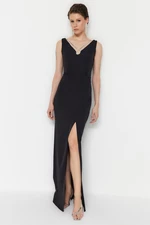Trendyol Long Evening Dress with Shiny Stones and Black Weave Lining