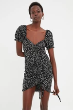 Trendyol Black Printed Sweetheart Neck Pleated Short Sleeve Knitted Mini Dress