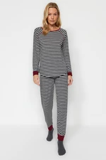 Trendyol Anthracite Multi Color Cotton Striped Tshirt-Jogger Knitted Pajamas Set