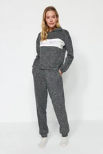 Trendyol Gray Cotton Motto Printed Sweatshirt-Jogger Knitted Pajamas Set