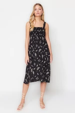Trendyol Black Straight Cut Woven Midi Gipe Detailed Patterned Dress