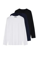 Trendyol Black-White-Navy Blue Men's Regular/Normal Cut Crew Neck Long Sleeve 3-Piece Basic Package T-Shirt