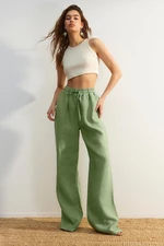 Trendyol Green 100% len Spodnie z szerokimi nogawkami z wysokim stanem i elastyczną talią.