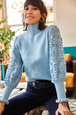 Olalook Damski sweter z niebieskiego rękawa z miękkiej teksturowanej dzianiny