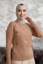 InStyle Minsa Bird Pattern Embroidered Knitwear Sweater - Camel