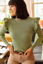 Olalook Women's Aquatic Green With Frill Sleeves, Thick Knitwear Sweater