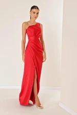 By Saygı One-Shoulder Decollete Waist Chain Satin Evening Dress