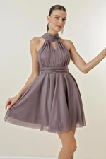 By Saygı Halter Silvery Lined Tulle Dress