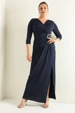 Lafaba Women's Navy Blue Double Breasted Collar Poor Sleeve Plus Size Long Evening Dress