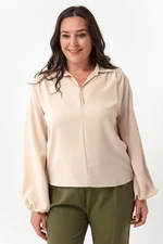 Lafaba Women's Beige Long Sleeved Plus Size Blouse with Necklace