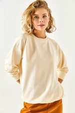 Olalook Women's Plain Beige Basic Soft Textured Loose Sweatshirt