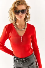Olalook Women's Red V-Neck Stone Detailed Knitwear Blouse