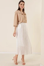 By Saygı Elastic Waist and Lined Mini Checkered Thick Stripe Long Chiffon Skirt White