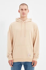 Trendyol Beige Men's Basic Hooded Oversized/Wide-Cut Cotton Fleece Sweatshirt with Labels.