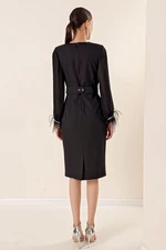 By Saygı Double-breasted Collar Lined Chiffon Sleeves With Stones And Feather Detail Belt Waist Crepe Dress Black.
