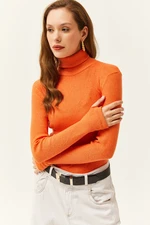 Olalook Women's Orange Turtleneck Finger Detailed Lycra Blouse