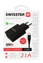 SWISSTEN SÍŤOVÝ ADAPTÉR SMART IC 2x USB 2,1A POWER + DATOVÝ KABEL USB / MICRO USB 1,2 M, ČERNÁ