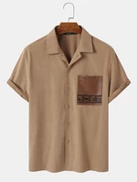 Mens Faux Leather Pocket Lapel Corduroy Short Sleeve Shirts