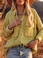 Women Solid Corduroy Button Chest Pocket Long Sleeve Casual Shirt