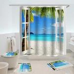 Ocean Blue White Sand Beach Palm View Summer Printed Bathroom Washroom Decor Shower Curtain Floor Rugs Mat