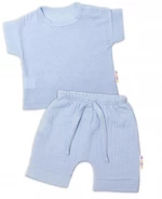 Baby Nellys 2-dílná mušelínová soupravička, tričko + kraťasky BOY, světle modrá, vel. 62 (2-3m)