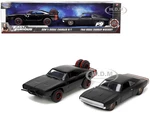 Doms Dodge Charger R/T Black with Red Tail Stripe and 1968 Dodge Charger Widebody Matt Black with Bronze Tail Stripe Set of 2 pieces "Fast &amp; Furi