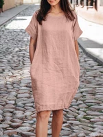 100% Cotton O-Neck Solid Casual Dress With Side Pocket For Women