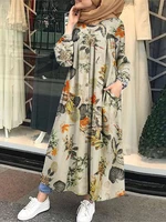 Floral Leaf Printed Button Down Front Kaftan Tunic Maxi Dress with Side Pockets