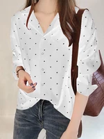 Dot Print Button Long Sleeve Lapel Blouse For Women