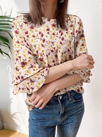 Plant Print Bell Sleeve Round Neck Blouse